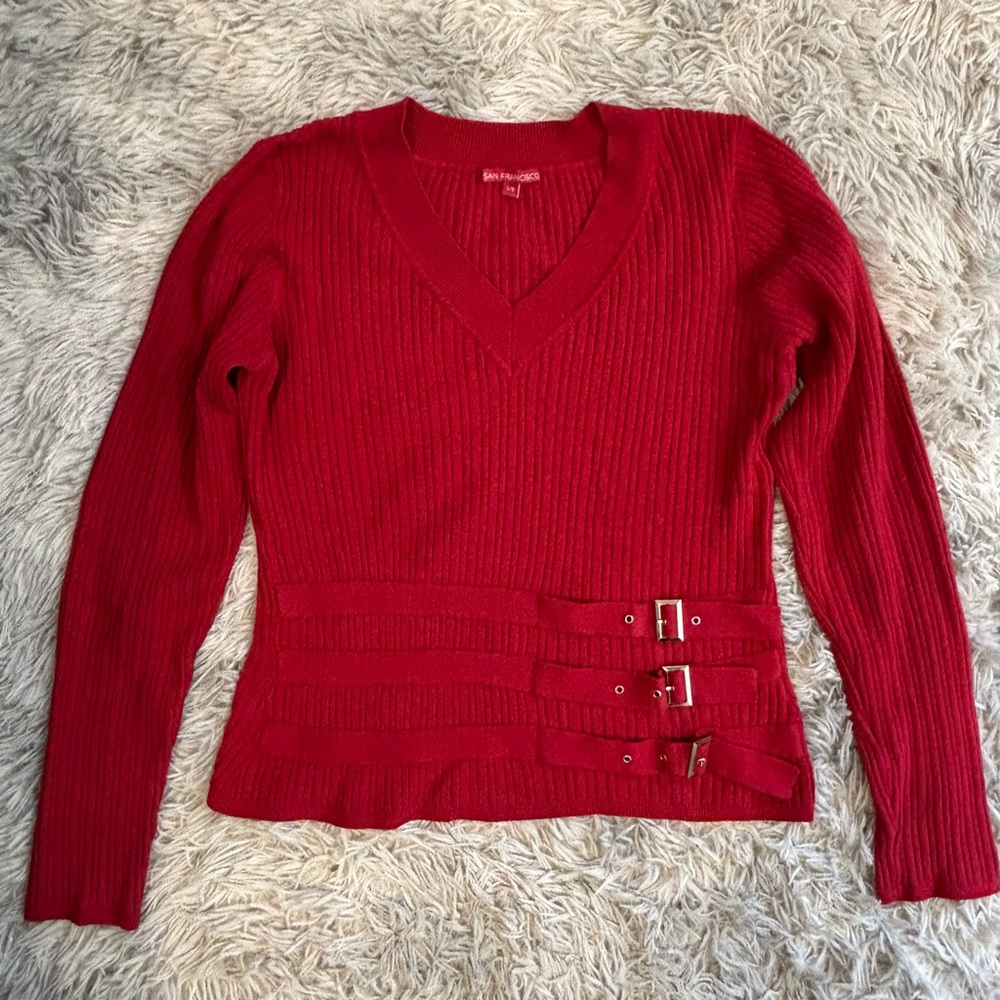 Red Ribbed Sweater with Buckle Accents